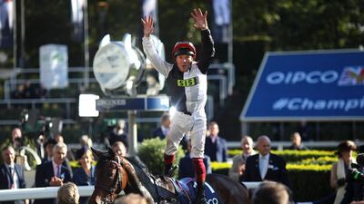 Frankie Dettori celebrates after he rides Star Catcher to win the Fillies & Mares Stakes during the British Champions Day at Ascot. Getty