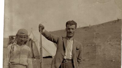 Lebanese artist Rayyane Tabet’s great-grandfather, Faek Borkhoche, right, was sent to spy on Max von Oppenheim, who uncovered 194 ancient reliefs in Syria, some of which are on display at Louvre Paris. Courtesy of Arlette Borkhoche Tabet