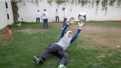 Mawada Chaballout, a 27-year-old American member of a Saudi female soccer team, practises at a secret location in Riyadh.