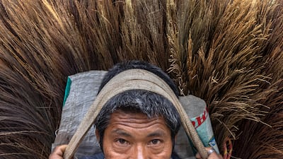 A labourer carries traditional grass brooms in Kathmandu, Nepal. EPA