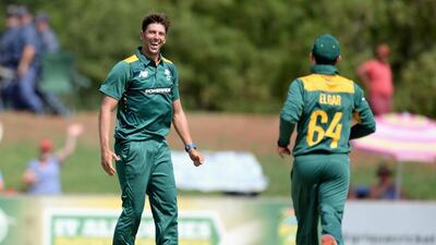 David Wiese of South Africa celebrates dismissing England captain Eoin Morgan during their ODI match at the Diamond Oval on January 30, 2016 in Kimberley, South Africa. (Photo by Gareth Copley/Getty Images)