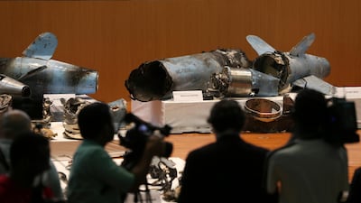 Remains of the missiles which were used to attack an Aramco oil facility are displayed during a news conference in Riyadh, Saudi Arabia September 18, 2019. Reuters