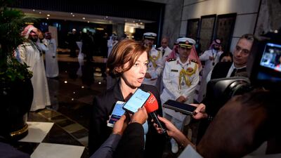 Florence Parly speaks to the media on the sidelines of the 15th Manama Dialogue on Saturday. AFP
