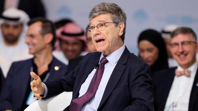 Jeffrey Sachs, director of the sustainable development solutions network at the United Nations, speaks about the launch of the Global Happiness and Well-being Policy report during at the World Government Summit in Dubai on Sunday. Chris Whiteoak / The National