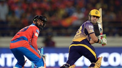 Kolkata Knight Riders captain Gautam Gambhir, right, plays a shot against Gujarat Lions on Friday at the Saurashtra Cricket Association Stadium in Rajkot. Punit Paranjpe / AFP