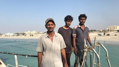 From left, second engineer Riasect Ali, 52, ordinary seamen Nirmal Singh-Bora, 22, and Monchand Sheikh, 26, on board the abandoned 'MT Iba'. Nick Webster