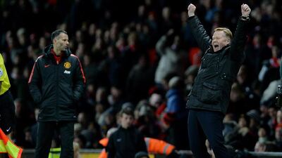 Southampton manager Ronald Koeman celebrates his team’s victory. Southampton moved to third after the 1-0 win against Manchester United. Peter Powell / EPA