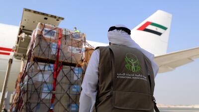 Emergency aid is loaded onto plane at Dubai airport on Wednesday to support Beirut after the port explosion. On Thursday, the UAE's leaders pledged millions more in in funding and tonnes of equipment for the relief effort. Chris Whiteoak / The National