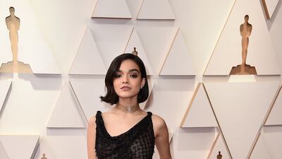 Rachel Zegler, wearing black Dior.