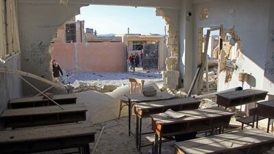 A classroom damaged in an air strike on a school in the village of Hass, in the south of Syria’s rebel-held Idlib province on October 26, 2016. Omar Haj Kadour / AFP