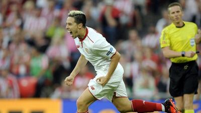 Sevilla's Samir Nasri celebrates a goal against Athletic Bilbao in La Liga this past weekend. Josu Aritza / AFP / September 24, 2016