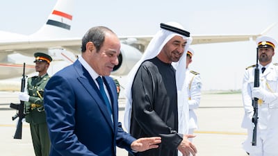 Egyptian President Abdel Fattah El Sisi with President Sheikh Mohamed in Abu Dhabi on Thursday. Abdulla Al Neyadi / UAE Presidential Court