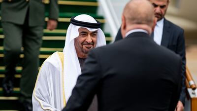 Sheikh Mohamed is greeted by Mr Aliyev. The UAE President is accompanied by a high-level delegation