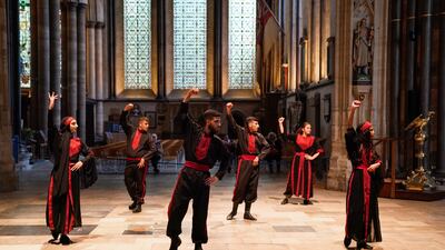 The Alrowwad Dabka Dance group from Palestine perform at Salisbury Cathedral, southern England, as part of the Bethlehem Cultural Festival. All photos: PA