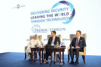 From left, Dr Ahmed Al Hamli, founder and president of Trends Research and Advisory, Brian Finlay, president and CEO of the Stimson Center and Ambassador Lincoln Bloomfield, chairman emeritus and a distinguished fellow with Stimson, at the launch of the UAE Energy Diplomacy report in Abu Dhabi. Courtesy: TRENDS Research and Advisory