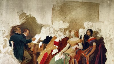 Making ends meet: in this watercolour sketch Schubert is at the piano with the tenor Johann Michael Vogl. He would write intimate compositions suited to the new fashion for salons. Getty Images