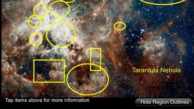 Hubble image of the 30 Doradus Nebula, also known as the Tarantula Nebula. Interesting features such as star clusters and stellar nurseries are highlighted and provide auditory information when touched in the new e-book for students with visual impairments. Courtesy SAS