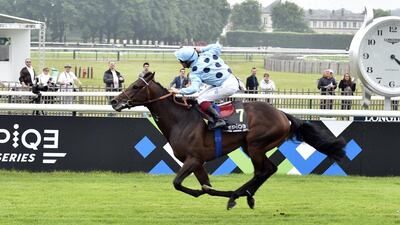 Almanzor, ridden by French jockey Jean-Bernard Eyquem, crosses the finish line during the French Derby on June 5, 2016, in Chantilly, north of Paris. Alain Jocard / AFP