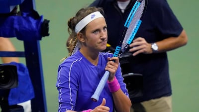 Victoria Azarenka gives a thumb up after defeating Elise Mertens in the US Open quarter-finals. AP Photo