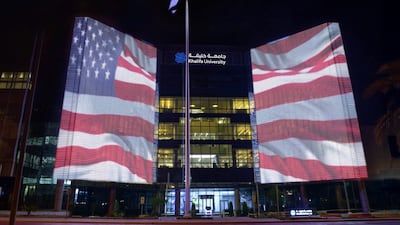 Khalifa University in Abu Dhabi is decorated in US flag's colours to mark the Fourth of July.