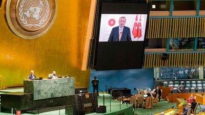 President of Turkey, Recep Tayyip Erdogan addresses the general debate at the United Nations General Assembly. UN