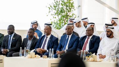 Abdullah bin Muhair Al Ketbi, UAE Minister of Federal Supreme Council Affairs, right, with members of the Sierra Leone delegation. Mohamed Al Hammadi / UAE Presidential Court