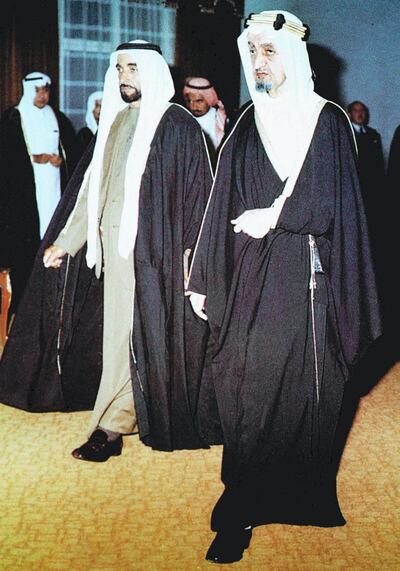 Sheikh Zayed (left) meets Saudi King Faisal in Riyadh in February 1975. AFP