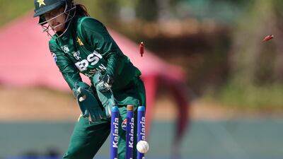 Pakistan wicketkeeper Muneeba Ali watches as the ball hits the stumps