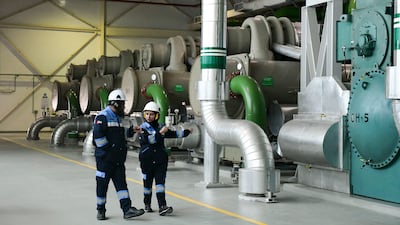 Chiller plant room with six units at Tabreed cooling plant, Abu Dhabi