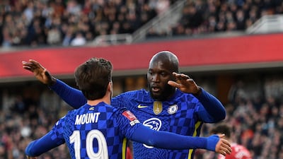 Romelu Lukaku celebrates with Mason Mount after giving Chelsea the lead in the FA Cup clash against Middlesbrough. AFP