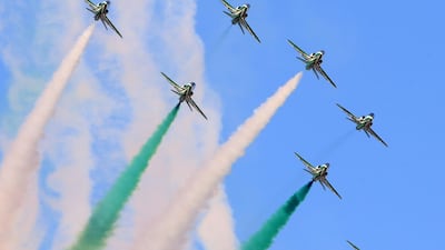 Saudi falcon Hawk Mk 65 aircrafts perform during the Kuwait aviation show on January 15, 2019. AFP