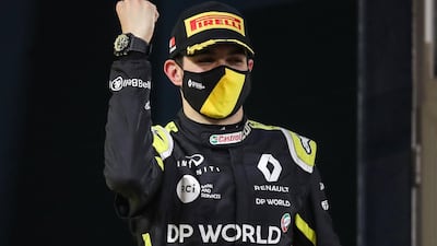 Renault's French driver Esteban Ocon celebrates his second-place finish. AFP