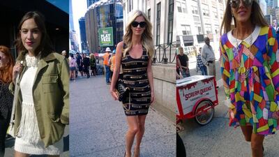 From the left: Alexa Chung outside the 3.1 Phillip Lim show at New York Fashion Week; Nicky Hilton outside the Jeremy Scott show; Anna Dello Russo outside the Jeremy Scott show. (Photo by Sarah Maisey)