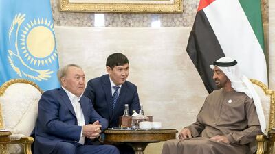Sheikh Mohamed bin Zayed, Crown Prince of Abu Dhabi and Deputy Supreme Commander of the UAE Armed Forces (R), meets with Nursultan Nazarbayev, President of Kazakhstan (L), at Al Shati Palace. Rashed Al Mansoori / Ministry of Presidential Affairs