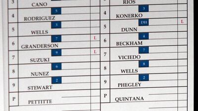 Rodriguez's name is shown on the line-up card in the Yankees dugout. Rodriguez was playing in his first game of the season after returning from an injury after, ironically, facing a 211-game suspension for violating doping rules. Frank Polich / EPA