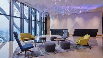 Floor-to-ceiling windows in the lobby of the Element Hotel, Kuala Lumpur. The lobby is on the 40th floor of the Ilham Tower. Courtesy Element Hotel, Kuala Lumpur