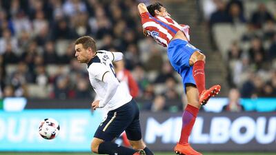 Vincent Janssen of Tottenham Hotspur and Stefan Savic of Atletico de Madrid compete for the ball during 2016 International Champions Cup Australia match between Tottenham Hotspur and Atletico de Madrid at the Melbourne Cricket Ground on July 29, 2016 in Melbourne, Australia. (Photo by Scott Barbour/Getty Images)