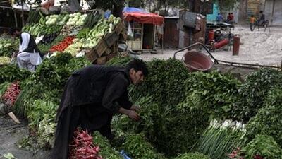 Unlike Baghdad, Kabul has abundant fresh produced available to the expatriate cook, although certain items are still hard to come by. Here a street vendor adjusts his stock.