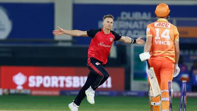 Tom Curran of Desert Vipers celebrates the wicket of James Vince of Gulf Giants.