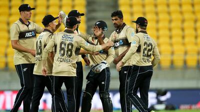 New Zealand players celebrate the wicket of Aaron Finch. Getty