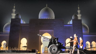 A practise march in front of the cannon installed at Sheikh Zayed Grand Mosque. Everyday of the month of Ramadan, the cannon is fired to signal the time for Maghreb. June 16, 2015. Reem Mohammed / The National