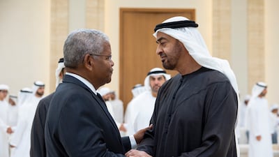 Wavel Ramkalawan, President of Seychelles, offers condolences to President Sheikh Mohamed, at Al Mushrif Palace.