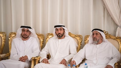 Mohammed Al Mazrouei, Undersecretary of the Crown Prince Court of Abu Dhabi, centre, offers condolences to the family of Salem bin Awaidha Al Khaili, in Al Ain.