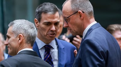 German Chancellor Friedrich Merz, right, and Spanish Prime Minister Pedro Sanchez, centre, attend a European Council meeting in Brussels. EPA