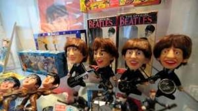 Vintage Beatles merchandise on display in "Beatlemania", a museum devoted to the Beatles who spent formative years in Hamburg.