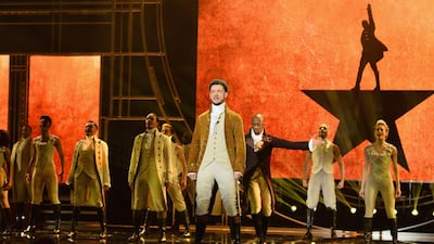 The cast of Hamilton perform on stage during The Olivier Awards at the Royal Albert Hall. Jeff Spicer/Getty