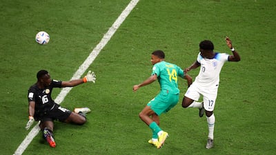 Bukayo Saka scores England's third goal. Getty