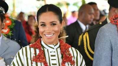 Meghan, Duchess of Sussex visits an exhibition of Tongan handicrafts, mats and tapa cloths at the Fa'onelua Convention Centre in Nuku'alofa, Tonga. Getty Images