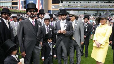 Sheikh Mohammed bin Rashid, Vice President and Ruler of Dubai, attends the second day of Royal Ascot in England with Sheikh Hamdan and Princess Haya bint Al Hussein. Wam