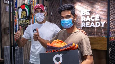 Famish is given new running shoes and a membership to the Desert Shield Fitness Gym by owner Abdulla Al Blooshi.